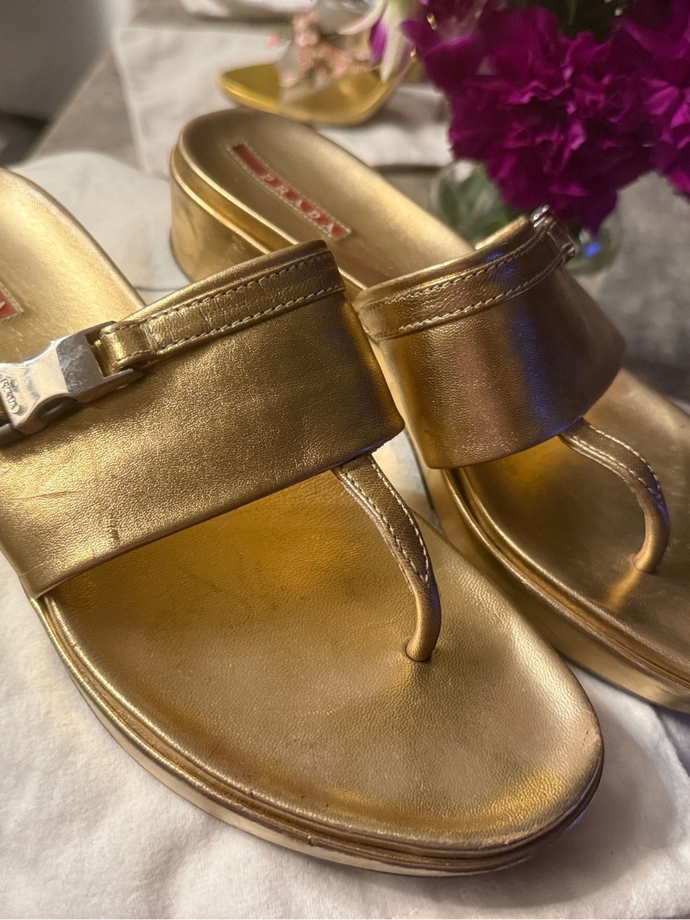 Prada Gold Metallic Women’s Thong Sandals - Elegant Slide Heel